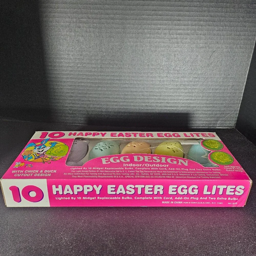 Vintage 90s Plastic Happy Easter Egg String Lights Chick Duck 10 Lights NOS
